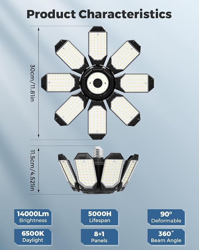 Adiding LED Garage Ceiling Lights 14000Lm w/ 8 Adjustable Panels, Super Bright Deformable Basement Light Bulb Fixture Screw in E26 Bulbs Socket for Indoor Shop, Workshop, Attic, Barn, Bay, Home Gym