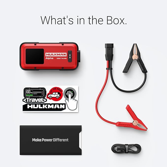 Hulkman Alpha, Ultra Red, 1000A 37Wh Battery Jumper Starter Portable, 12V Modern Car Jump Box with Jumper Cables, for 6.5L Gas/3.0L Diesel Engines, 65W Fast Charging, IP65 Rated, Large LED Display