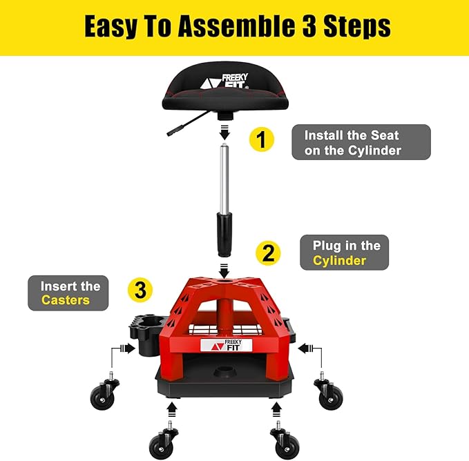 Rolling Shop Stool for Garage with Casters, DO02-Adjustable Height 360° Swivel Shop Seat with Tool Tray Storage, 330 LBS Capacity Padded Mechanic Stool, Magnetic Tool Hold, Heavy Duty, Red