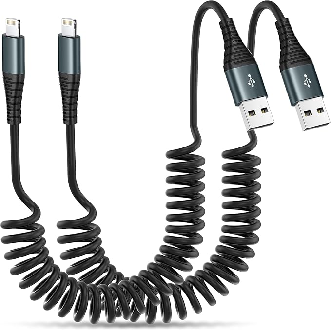 Heartbeats Coiled Lightning Cable 3FT 2 Pack MFi Certified Car iPhone Charger Cable，USB to Lightning Cable Compatible with iPhone 14/13/12/11 Pro Max/XS Max/XR/X/8/7/iPad