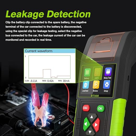 Automotive Battery Tester with Printer, 12V 24V Car Battery Load Tester and Alternator Tester, 20-2000 CCA Battery Capacity Tester, Relay Tester, Leakage Test for Heavy Duty Truck, BT500