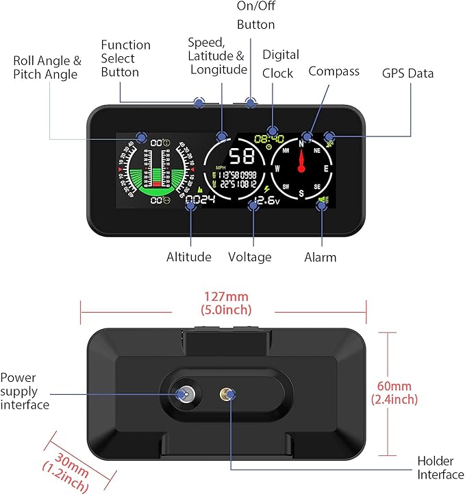 GPS Car Digital Inclinometer for Off Road Vehicles, Head Up Display DC 10-30v Multifunctional Vehicle Clinometer Digital Speedometer with Coordinate Display