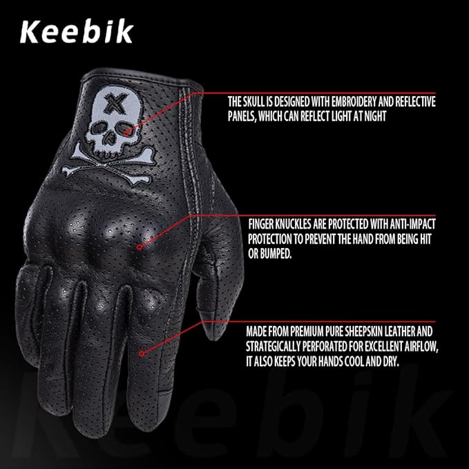 Goatskin Leather Motorcycle Motorbike Powersports Racing Gloves Reflective Skull Touchscreen for Men and Women Model