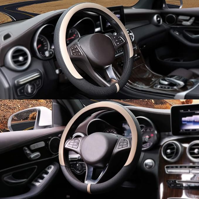 COFIT Breathable Car Steering Wheel Cover 15 inch Auto Universal Leather Wrap Non-Slip Steeringwheel Protector Automotive Interior Accessories, Beige (Suit for 14.5-15 inch)