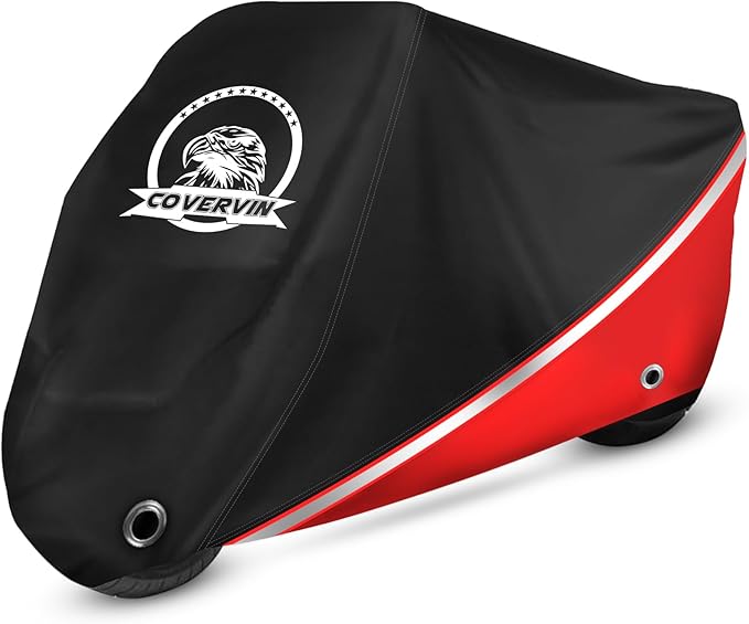 COVERVIN Motorcycle Cover, All Weather Outdoor Waterproof Night Protection with Reflective Strips, Locking Holes and Storage Bag for 116 Inch Suzuki, Kawasaki, Honda, Harley-Davidson(Red XXXL)