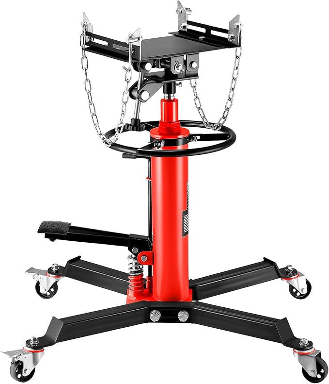 VEVOR Transmission Jack,0.75 Ton/1660 lbs Capacity Hydraulic Telescopic Transmission Jack, 2-Stage Floor Jack Stand with Foot Pedal, 360° Swivel Wheel, Garage/Shop Lift Hoist, Red