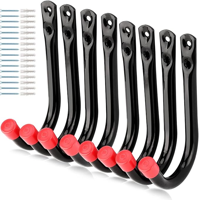 Garage Storage J Utility Hook, 8 Pack Heavy Duty Wall Mounted Hanging Hooks Organize Garden Tools, Gym Bags, Stroller, Toy,Power Tool, Black and Red