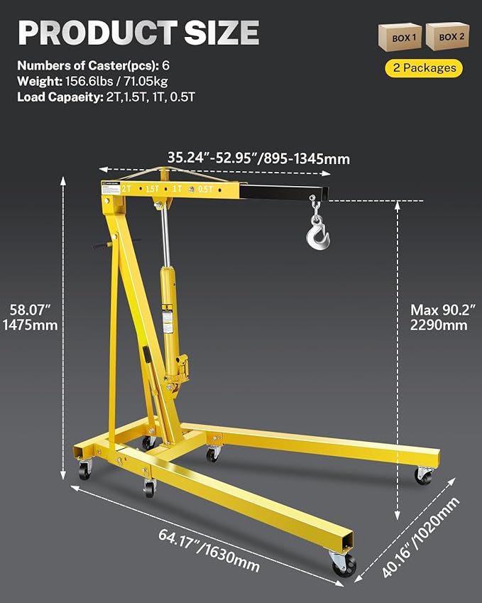 2-Ton Folding Engine Hoist, Hydraulic Shop Crane with 6 Swivel Wheels & Adjustable Boom (0.5T-2T), Heavy-Duty Cherry Picker for Garage, Workshop, Truck, Farm (Net Wt. 157 lbs)