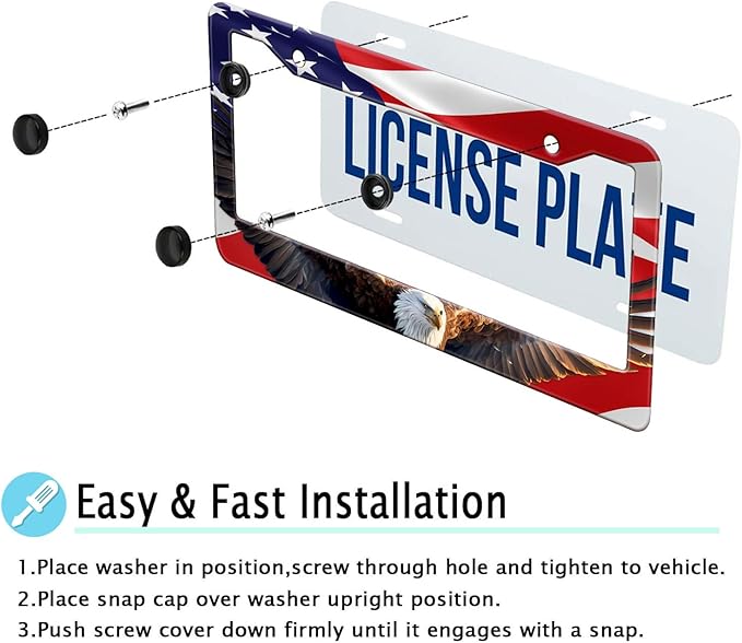 Eagle American Flag License Plate Frame, US Flag Car Tag Frame Holder Covers, Metal Aluminum Rustproof Car Accessories for Men Women 2 Holes with Screws