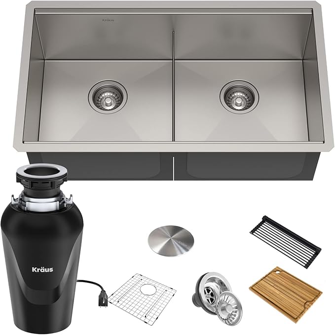 KRAUS Kore™ Workstation 33-inch Undermount 16 Gauge Double Bowl Stainless Steel Kitchen Sink with Accessories (Pack of 8) with WasteGuard™ Continuous Feed Garbage Disposal, KWU112-33-100-75MB
