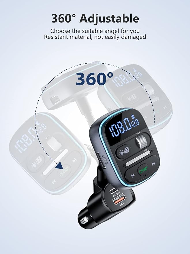 LENCENT Bluetooth FM Transmitter PD 30W, Bluetooth Car Adapter with QC3.0 Fast Charger, Hi-Fi Bass Music, Wireless Radio Receiver Hands-Free Calling, [Color Light]