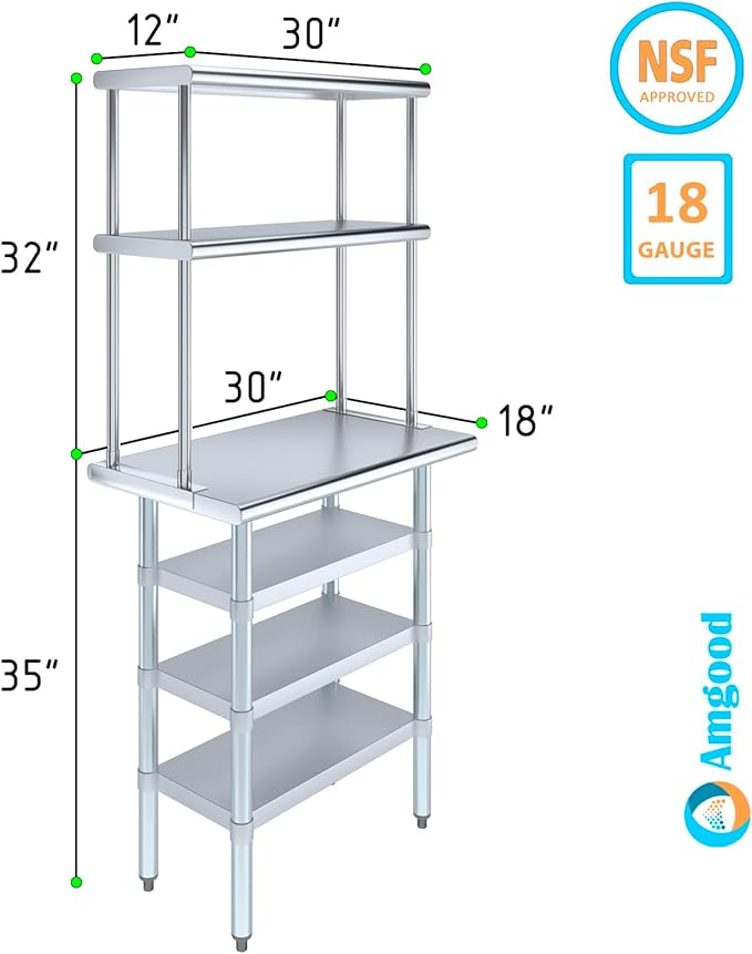 Amgood 18" x 30" Stainless Steel Work Table with 3 Shelves and 12" Wide Double Tier Overshelf | Metal Kitchen Prep Table & Shelving Combo | NSF