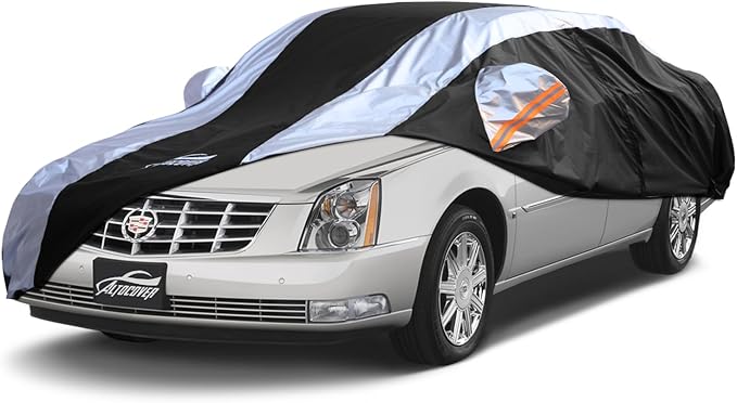 Car Cover Waterproof All Weather with Silver Strip Design, Custom Fit for DTS(2006–2011), XTS(2013-2019), CT6(2016-2020), DTS Accessory with Door Zipper & Windproof Straps