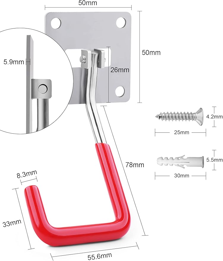 HAISHINE Garage Hooks, 2 Pack Adjustable Hooks for Wall Storage, Stainless Steel Heavy-Duty Utility Hooks with Anti-Slip Coating Organizing for Chainsaws, Bike, Garden Tools(Screws and Dowels Include)