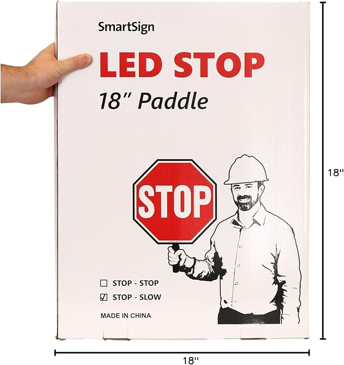 SmartSign LED STOP SLOW Paddle - Reflective Hand Held Stop Slow Sign with Handle, 18" Double-Sided, Steady/Flashing LED Light Modes, Rechargeable, Pack of 1