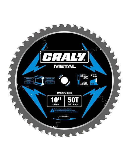 CRALY 10 Inch 50 Teeth Steel and Ferrous Metal Cutting Circular Saw Blade, 5/8 Inch Arbor, Thin Kerf, Professional Carbide Tipped Blade for Angle Iron, Threaded Rod, EMT Conduit(C1050MC)
