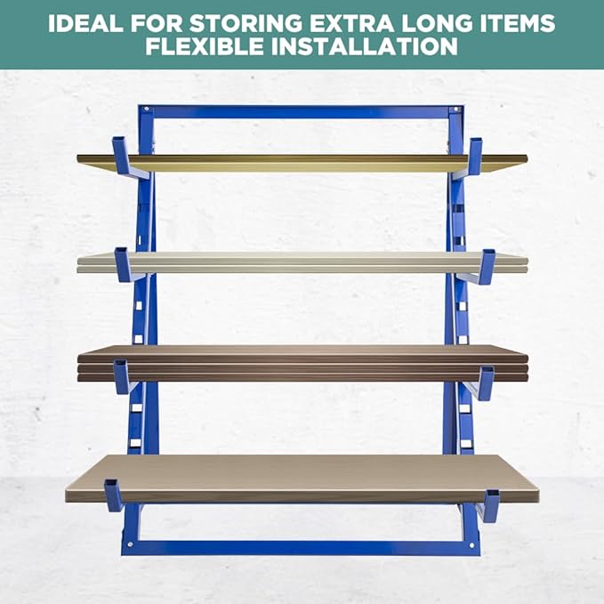 Yeeoy 4 Tier Steel Horizontal Lumber Storage Rack, Heavy Duty Pipe Organizer Shelf, Adjustable Bar Storage Cantilever Rack for Garage Workshop Shed Basement, 2000lbs Load Capacity, Blue