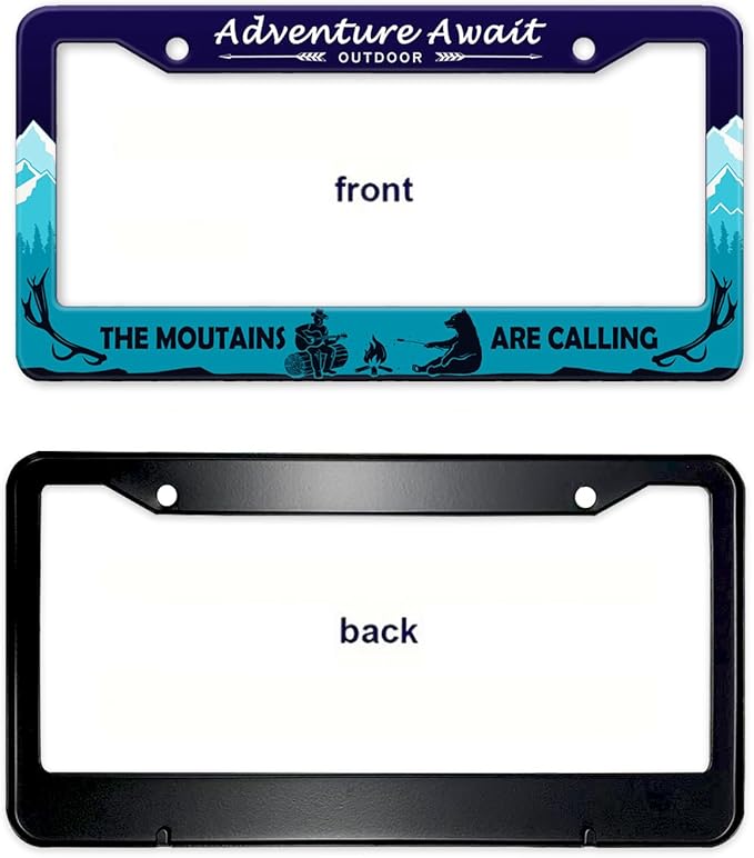 Adventure Await License Plate Frame, Mountains Forest Bear Outdoor License Plate Holder Cover, Metal Aluminum Rustproof Car Accessories for Men Women, Great Gift for Hiking Camping Enthusiasts