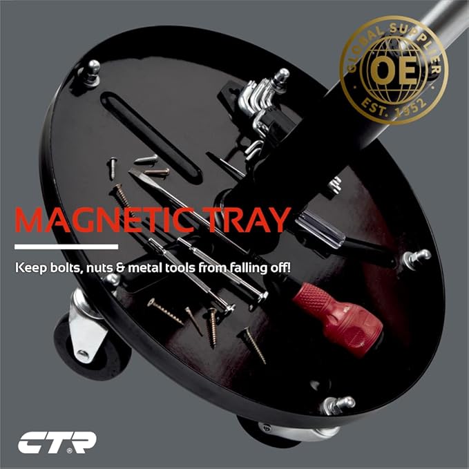 CTR Rolling Mechanic Shop Stool with Magnetic Tool Tray, Heavy Duty Work Stool, Adjustable Garage & Workbench Stool with Wheels, Creeper Seat Shop Chair