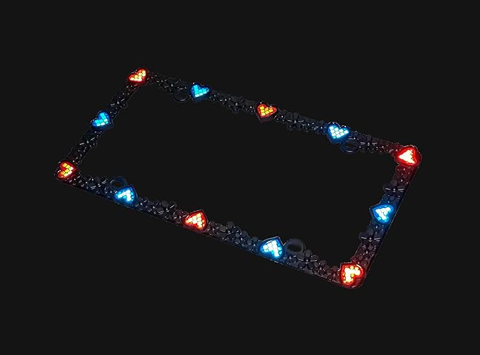 Creathome 3D Daisy Heart License Plate Frame from Pure Zinc Alloy Metal Perfect Plate Holder, Matt Black Daisy with Red and Blue Reflective Heart