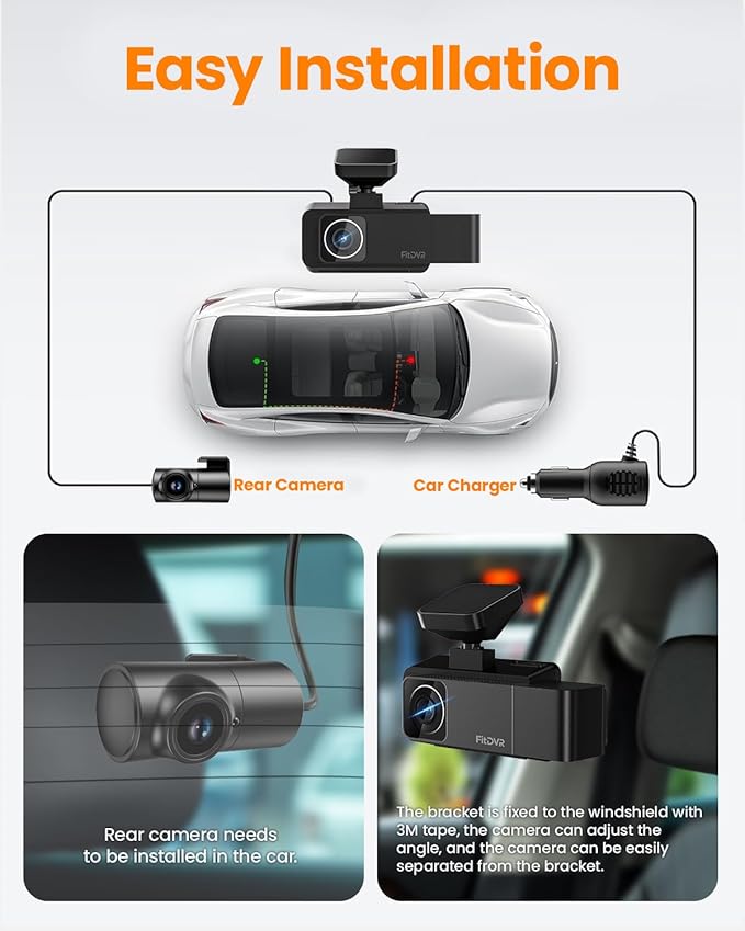 4K 3 Channel Dash Cam, 2160P+1080P+1080P Front and Rear Inside Car Camera with 64GB Card, WiFi Built-in GPS, 3“ IPS Screen, IR Night Vision, G Sensor, WDR, 24/7 Parking Mode(F3)