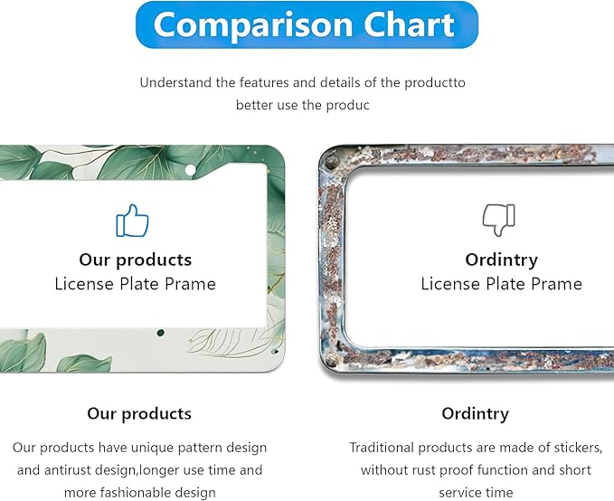 Watercolor Green Palm Leaves License Plate Frames - 2 Pcs Set 2 Holes Metal Aluminum Auto Car Accessories Decoration License Plate Frame 12.2 x 6.3 inch for Women Men Gift