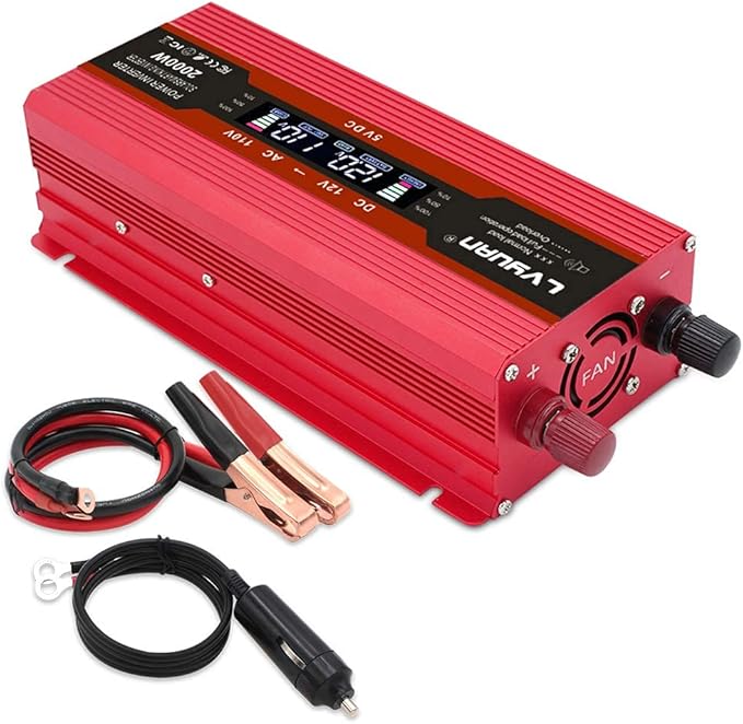 Power Inverter 1000W/2000W (Peak) Dual AC Outlets and Dual USB Charging Ports DC 12V to 110V AC Car Converter with Digital Display