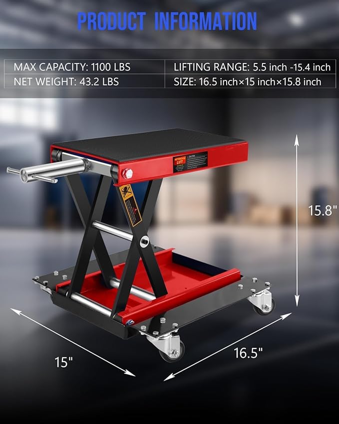Heavy Duty 1100LBS Motorcycle Scissor Lift Jack with Dolly Wheels, Hand Crank & Non-Slip Platform - Adjustable Bike Lift Stand for Cruiser, Dirt Bike, ATV - Foldable,Garage Repair Equipment