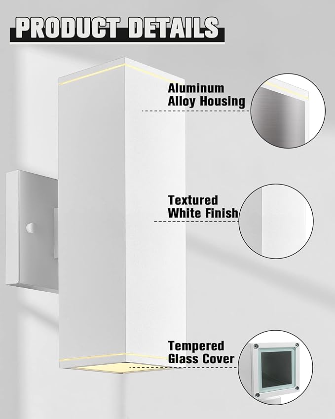 Ken & Ricky Outdoor Wall Lights, Modern Exterior Up and Down Wall Sconces, Square Porch Lights Outdoor Wall with Sanded White Finish - 2 Pack