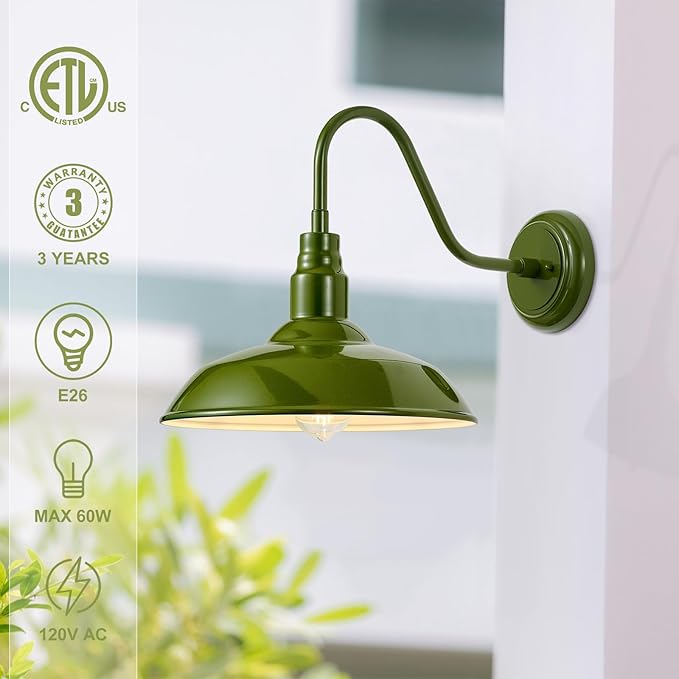 14in Outdoor Gooseneck Lights for Farmhouse, Barn Style Goose Neck Wall Light Fxiture with Wall Mount, Olive Green Exterior Porch Sconce for Patio, Garage, House