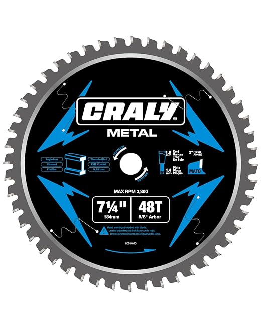 CRALY 7-1/4 Inch 48 Teeth Steel and Ferrous Metal Cutting Circular Saw Blade, 5/8 Inch Arbor, Thin Kerf, Professional Carbide Tipped Blade for Angle Iron, Threaded Rod, EMT Conduit(C0748MC)