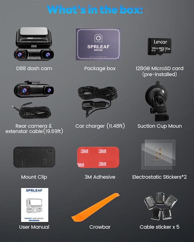 SPRLEAF 4 Channel Dash Cam with Front Cabin Rear Cabin Cameras, 360 Degree View Dash Camera for Cars, Built-in GPS, 5GHz WiFi, IR Night Vision, 24H Parking Monitor, G-Sensor, Free 128GB Card, 1080P*4