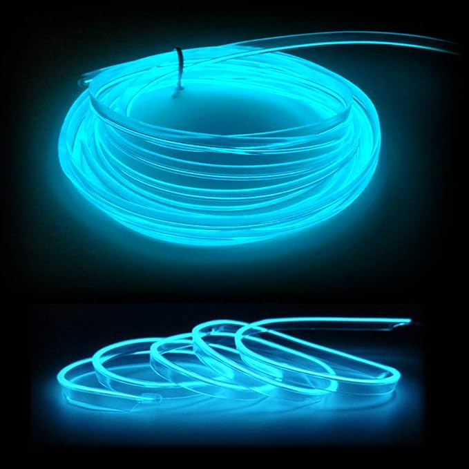 El Wire Ice Blue Interior Car LED Strip Lights, 2M Neon Wire USB 5V with Fuse Protection for Automotive Interior Decoration, with 6mm Sewing Edge