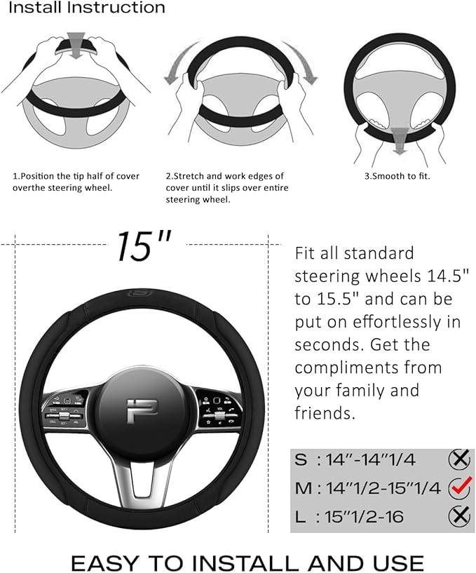 Skechers Steering Wheel Cover, Memory Foam Car Steering Wheel Cover,14.5-15inch Anti-Slip Safety Comfortable Desgin, Universal Accessory for Diverse Cars, Truck,SUV (Black & Black)