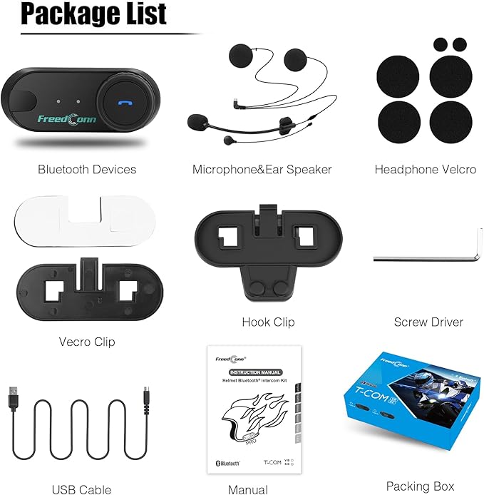 FreedConn TCOM VB Motorcycle Helmet Bluetooth Headset, Motorcycle Communication Systems with CVC Noise Cancellation, Stereo Music, 3 Riders 0.5mi/800m intercom, 12Hrs Intercom, IP65, 2 Pack