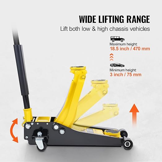 VEVOR Low Profile Floor Jack 2 Ton (4400 lbs), Heavy Duty Iron Hydraulic Racing Floor Jack, Hydraulic Car Jack, Dual Piston Quick Lift Pump, 3"-18.5" Height Lifting Range (Yellow)