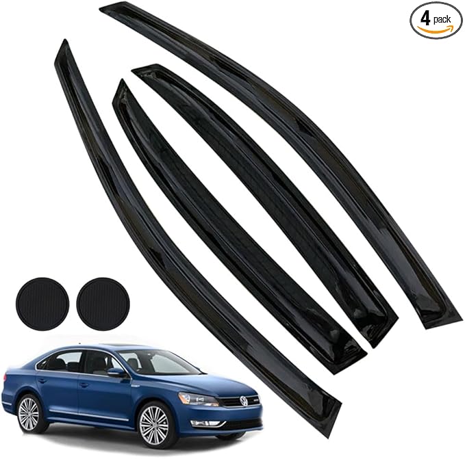 Rain Guards for Volkswagen Passat 2011-2018, Tape-on Side Window Deflectors for Volkswagen Passat, Window Visors for Volkswagen Cars, for Volkswagen Car Accessories 4 Rain Guards ＆ 2 Car Coasters