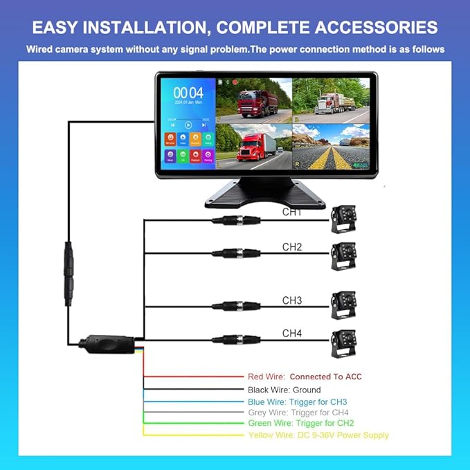 4K RV Backup Camera, 10.36" Touch Screen Monitor for Truck/Van/Trailer DVR Recording with Bluetooth FM MP5 IP69 Waterproof 1080P IR Night Vision Rear Side View Camera
