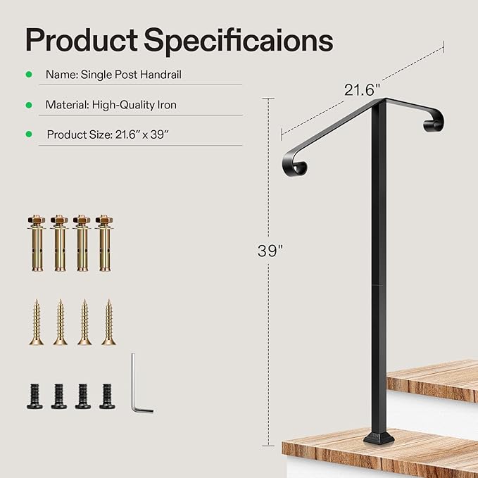 VIVOSUN Outdoor Handrail, 2 Step Stair Handrail, 21.6" x 39" Fits 1 to 2 Steps, Wrought Mattle Iron Stair Railing with Dual Curved Ends for Concrete Steps, Porch Steps, One-Step Assembly, Black