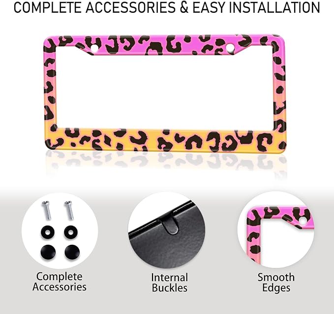 Gradient Color Leopard Print License Plate Frame Cheetah Print Tags Frames Holder Covers Metal Aluminum Rustproof Cute Car Accessories for Us Canada Standard Women Men 2 Holes with Screw Caps