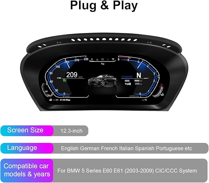 Speedometer Instrument for BMW E60 E61 E63 E64 2003-2009 CCC CIC, 12.3 inch Linux System Original Car Display Digital Cluster Dashboard Screen with Panel