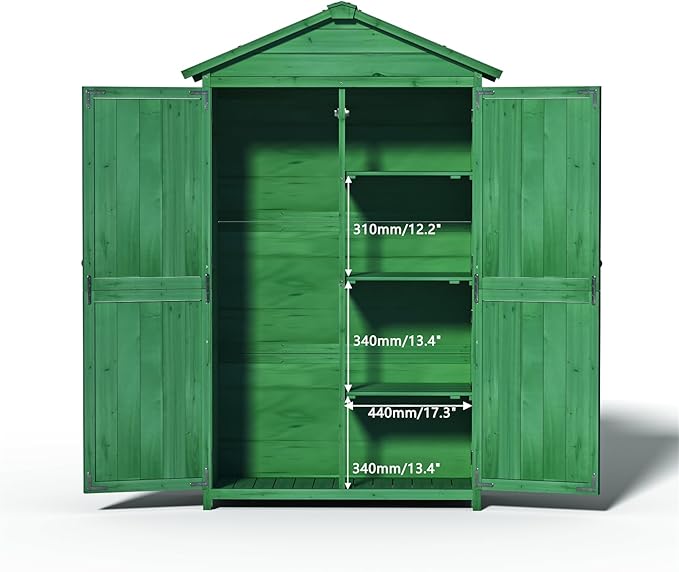 35.6" Outdoor Storage Shed,Wooden Shed with 4-Tier Removable Shelves,Garden Tool Cabinet W/Double Doors & Handles,All Weather Waterproof House W/Sloped Waterproof Asphalt Roof,Forest Green