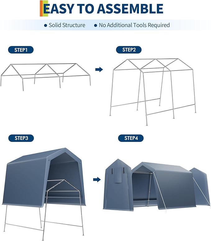 7*10F Outdoor Storage Shed with Floor, Heavy Duty Waterproof PE Tarp, Portable Metal Carport Garage Tent, 2 Roll-Up Doors & Vents, for Motorcycle and Bike Storage, Garden Tool Shed, Small Outdoor Shed