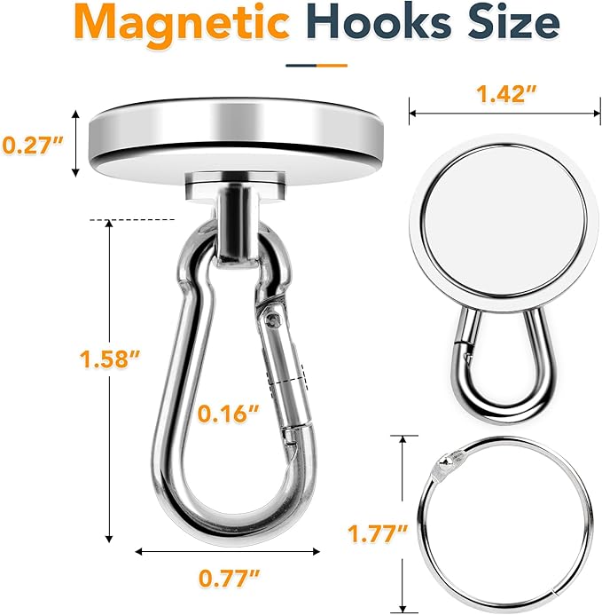 MIKEDE 150LB Magnetic Hooks, Neodymium Magnets Heavy Duty with Swivel Carabiner Hooks, Strong Rare Earth Magnets with Hooks for Garage, Kitchen, Cruise Cabin, Office - 3 Pack