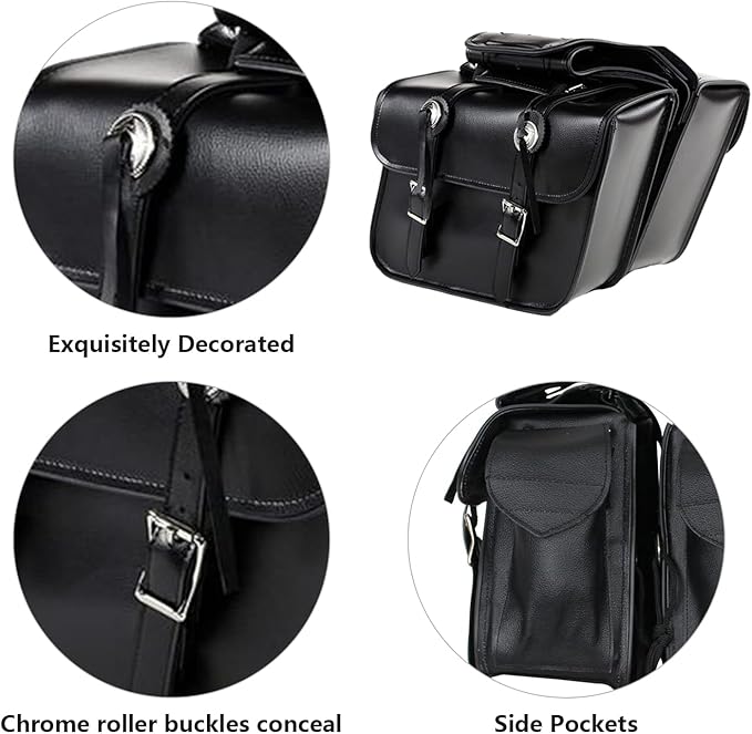 GARGOYLE BELLS Motorcycle Saddle Bags Leather Motorcycle Luggage Bag with Gun Holsters For Softails Sportsters and Choppers Tool Bags For Motorcycle (Black PVC, 14" x 8" x 11")