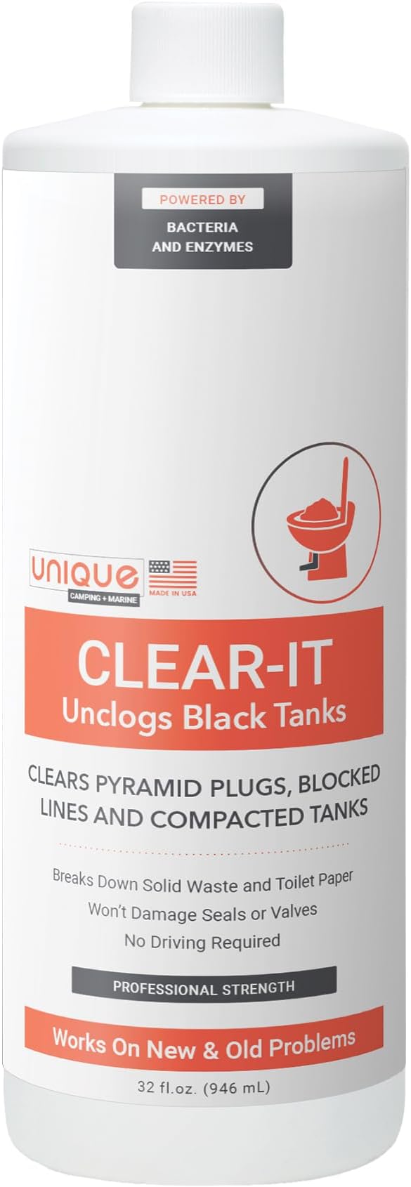 Unique Clear-It RV Black Tank Unclogger Liquid - Breaks Through Pyramid Plugs, Compacted Tanks, and Clogged Pipes (32 oz)