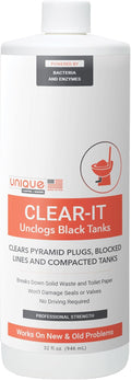 Unique Clear-It RV Black Tank Unclogger Liquid - Breaks Through Pyramid Plugs, Compacted Tanks, and Clogged Pipes (32 oz)