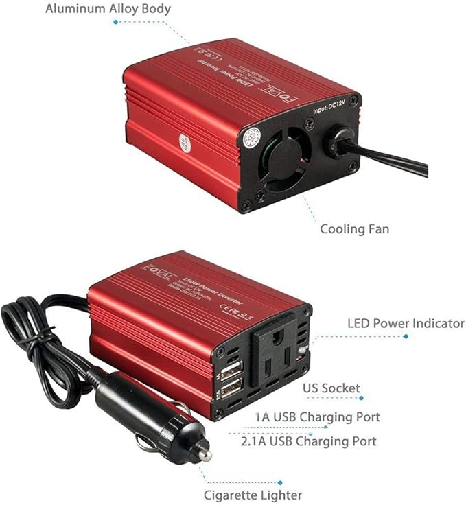 FOVAL 150W Car Power Inverter 12V DC to 110V AC Converter Vehicle Adapter Plug Outlet with 3.1A Dual USB Car Charger for Laptop Computer (Classic Red)