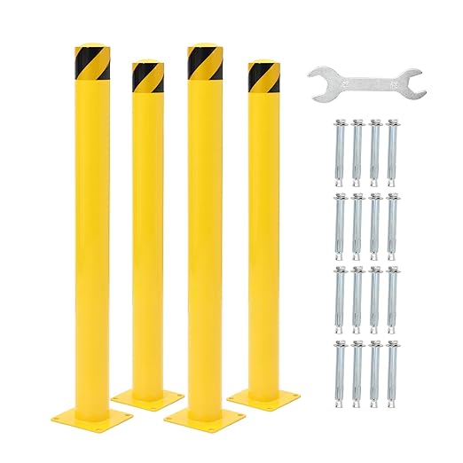 Safety Bollard 4 Packs, 48 Inch Height Steel Bollard Post for Parking Lot, 4.5 Inch Diameter Pipe, Yellow Safety Bollard Post with 8 Anchor Bolts, Ideal for Traffic-Sensitive Areas, Driveway Barrier