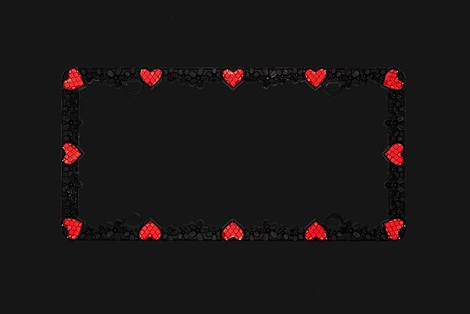 Creathome 3D Daisy Heart License Plate Frame from Pure Zinc Alloy Metal Perfect Plate Holder, Matt Black Daisy with Red Reflective Heart